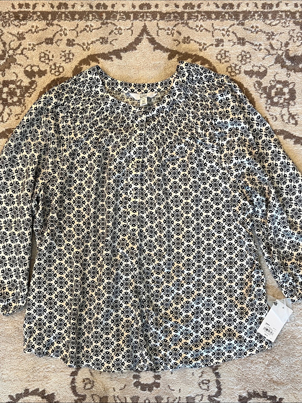 Black and Cream Printed Blouse with Smocking
